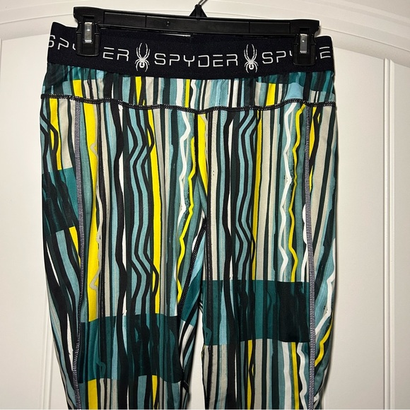 Spyder Yellow & Blue Freeze Stripe Print Slash Capri Tight Leggings Size Medium - Picture 2 of 8